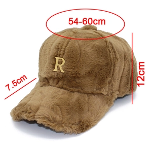 Tabla de tallas detallada para gorra de béisbol de felpa marrón con letra R metálica