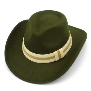 Detail of forest green fedora hat featuring a beige and khaki striped woven band