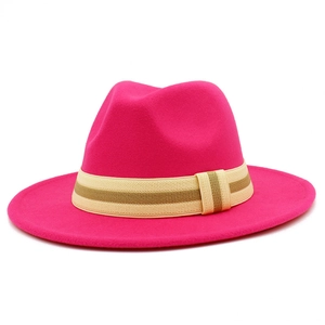 Detail of fuchsia wool jazz hat with a striped beige and brown textured band