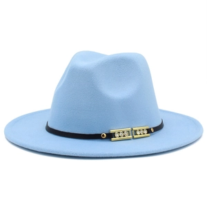 Detail of light blue wool fedora hat featuring a black band with rhinestone buckle