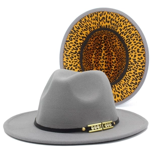 Classic light grey wool fedora hat with leopard print brim and gold buckle strap