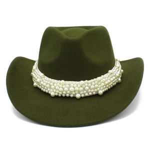 Close-up of olive green felt cowboy hat featuring elegant white pearl bead trim decoration