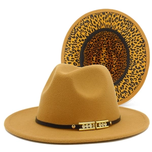 Classic camel fedora hat with elegant black belt buckle and leopard print lining detail