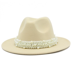 Chapeau Fedora élégant en laine beige pour femme avec ruban de perles blanches de luxe