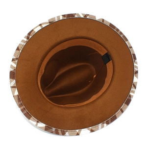 Internal view of fedora hat with brown sweatband and plaid fabric brim detail