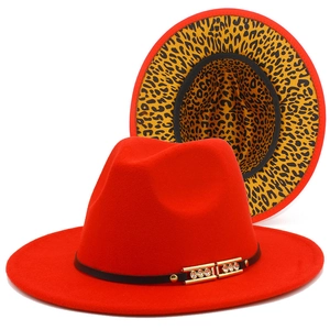 Red wool fedora hat with leopard print underbrim and rhinestone buckle belt accessory