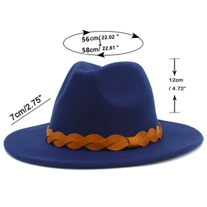Detail view of navy wool fedora showing 7cm wide brim and 56-58cm head size dimensions