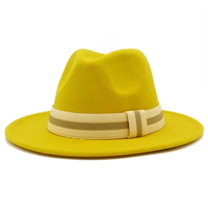 Classic bright yellow wool fedora hat with a striped beige band and a flat brim