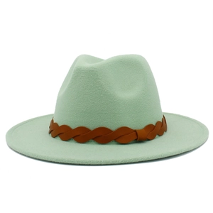 Detail of mint green wool fedora hat featuring a brown braided leather band ornament