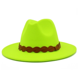 Detail of neon green wool fedora hat featuring a brown braided leather band decoration