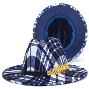 Vintage Plaid Fedora Hat For Men Women British Style Cotton Blend Wide Brim Jazz Hat With Gold Metal Leaf Leather Band