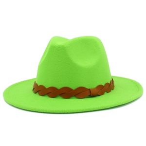 Detailed macro view of the bright green wool fedora with a brown braided leather band