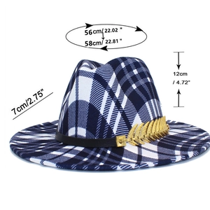 Detailed view of plaid fedora with gold leaf ornament and size specifications chart