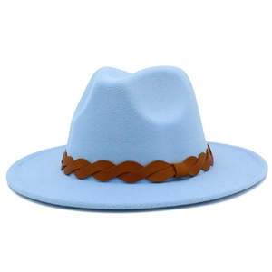 Detail view of the light blue felt fedora hat featuring a brown braided leather band decoration