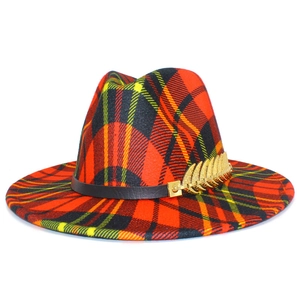 British style wide brim plaid fedora hat with red tartan pattern and golden feather detail