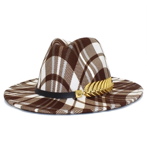 Brown and white checkered wool fedora hat with elegant golden leaf accessory detail