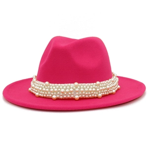 Chapeau fedora élégant en laine fuchsia pour femme avec ruban de perles et large bord