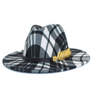 British style black and white plaid wool fedora hat with gold leaf buckle and leather band