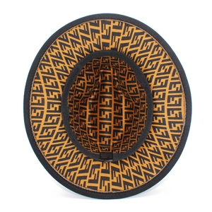 Close-up of black wide brim fedora hat with Zucca pattern lining and cotton label