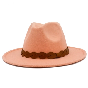 Close-up of pink wool felt fedora with a dark brown braided leather decorative band