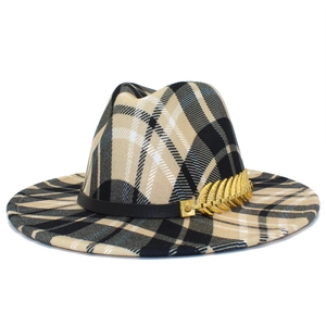 British style checkered fedora with wide brim and golden leaf accent for men and women