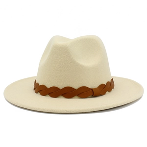 Detailed texture of thin wool fedora with brown braided leather band and flat brim