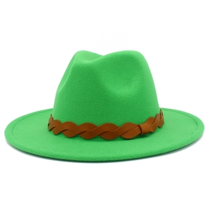 Close-up of the woven brown leather band on the emerald green felt fedora hat