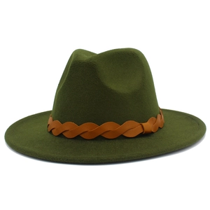 Close-up of dark green wool felt fedora featuring a brown braided leather hatband decoration
