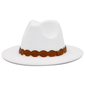Macro shot of white wide brim fedora hat featuring a brown woven decorative band detail