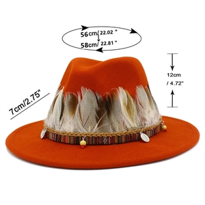 Detailed size specifications of orange wool fedora hat with ethnic feather band details
