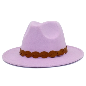 Detail view of lavender wool fedora hat with a brown braided leather band decoration