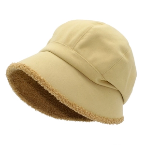 Japanese style light yellow fisherman hat with warm fleece lining and thick cotton fabric