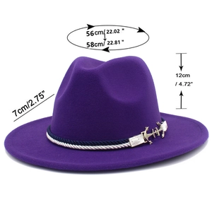 Purple fedora hat size details showing 56-58cm circumference and 7cm wide brim