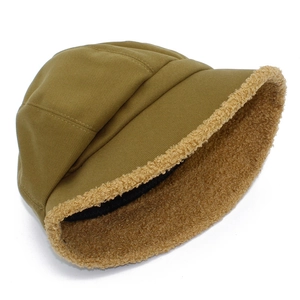 Detail view of khaki cotton bucket hat with plush fleece brim and high-quality stitching