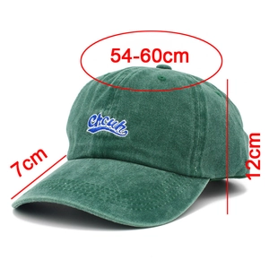 Detailed view of dark green washed cotton baseball cap with 54-60cm adjustable size