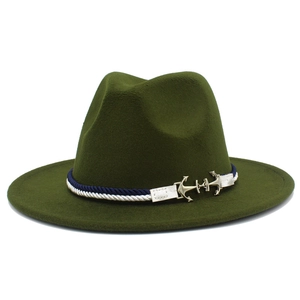 Detail of army green wool felt fedora featuring blue-white nautical rope and anchor buckle