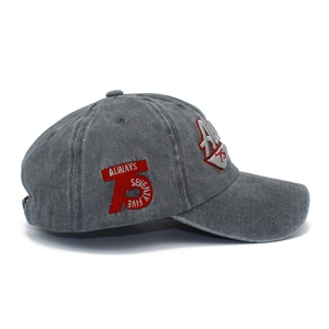 Dettaglio del cappello da baseball in cotone lavato grigio antracite con ricamo laterale