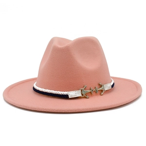 Detail view of pink wool fedora hat with blue woven rope and silver metal anchor buckle