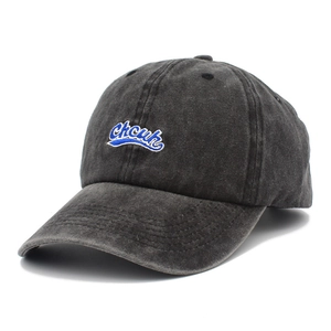 Vintage washed dark grey cotton baseball cap with blue Chuck letter embroidery