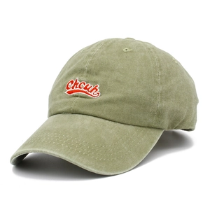 Detail of washed olive green cotton baseball cap with red white letter embroidery