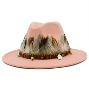 Pink wide brim felt fedora hat with bohemian feathers and ethnic beaded coin band