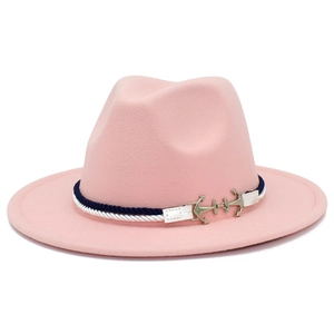 Detail of pink wool felt fedora featuring a nautical rope band and metal anchor ornament