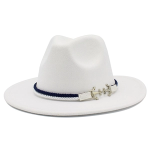 Detail of white felt fedora with nautical rope and silver anchor metallic accents
