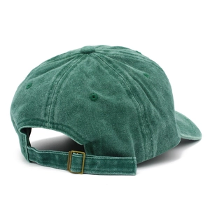 Detail view of green washed cotton baseball cap featuring adjustable metal buckle and strap