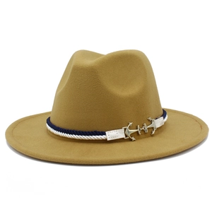 Detail of khaki wool fedora hat featuring nautical rope band and silver anchor ornaments