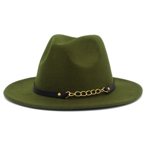Detail of olive green wool felt jazz hat with black leather strap and gold metal chain