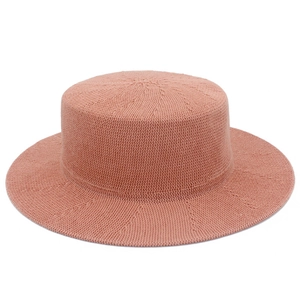 Elegant knit sun hat for women in dusty rose with a classic flat top and wide brim style