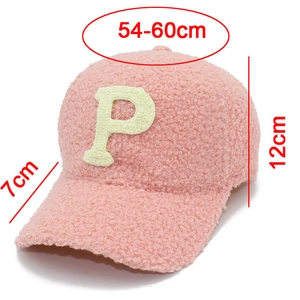 Pink faux lamb wool baseball cap dimensions detail with embroidered letter P patch