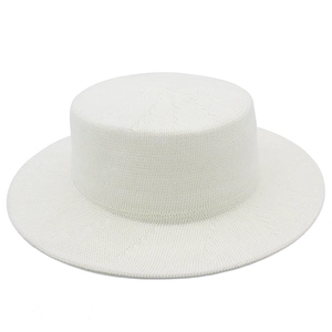 Elegant white flat-top boater hat with a minimalist woven texture for women