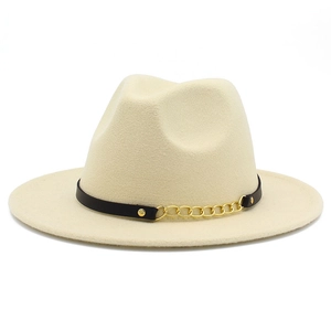 Detail of beige wool fedora hat with black leather strap and gold chain accent